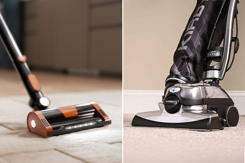 Side-by-side comparison of a lightweight stick vacuum and a durable heavy-duty vacuum (kirby) being used in a modern home