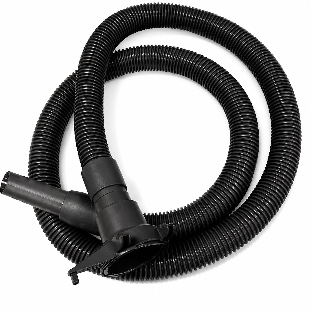 Black vacuum hose with nozzle on a white background