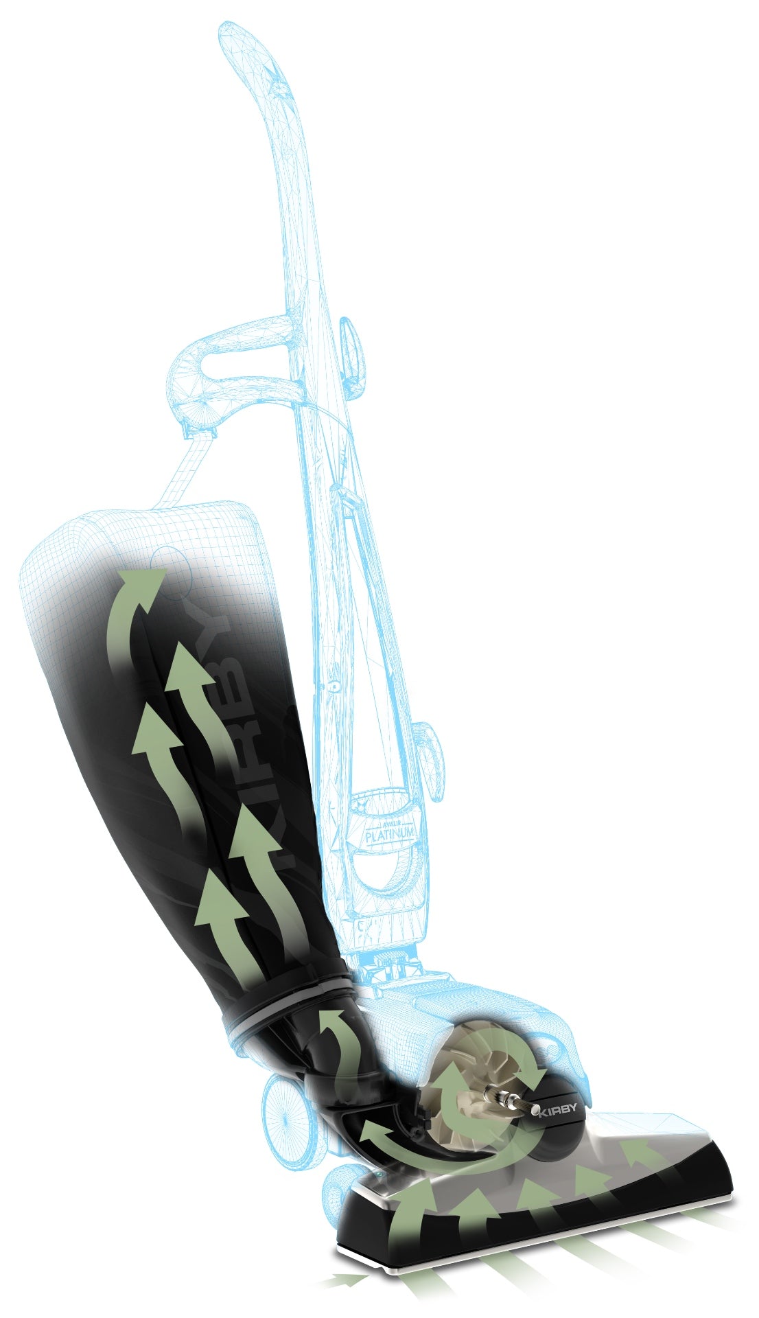 Kirby Avalir Platinum vacuum with airflow illustration.