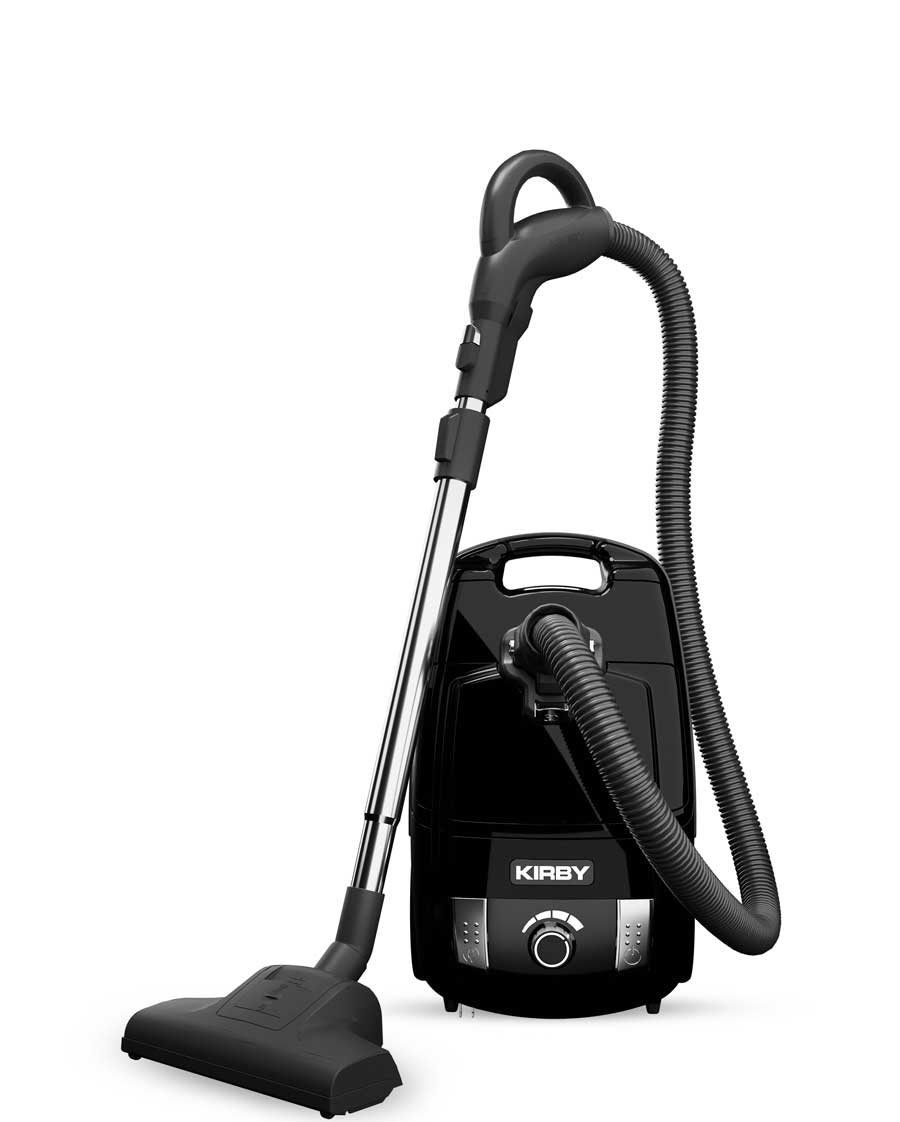 A black Kirby Signature Series C530  canister vacuum cleaner with a flexible hose, wand, and floor nozzle, shown on a plain white background.