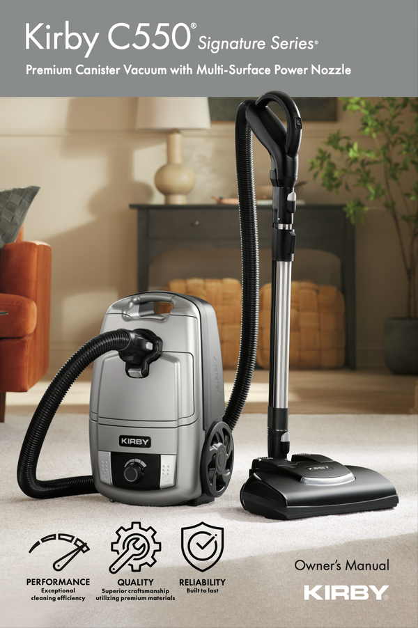 Kirby C550 Signature Series premium canister vacuum with Multi-Surface Power Nozzle, shown in a home living room setting next to its floor head.
