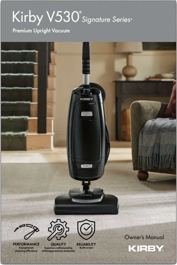Kirby V530 Signature Series upright vacuum cleaner shown standing on a carpeted floor in a living room setting.
