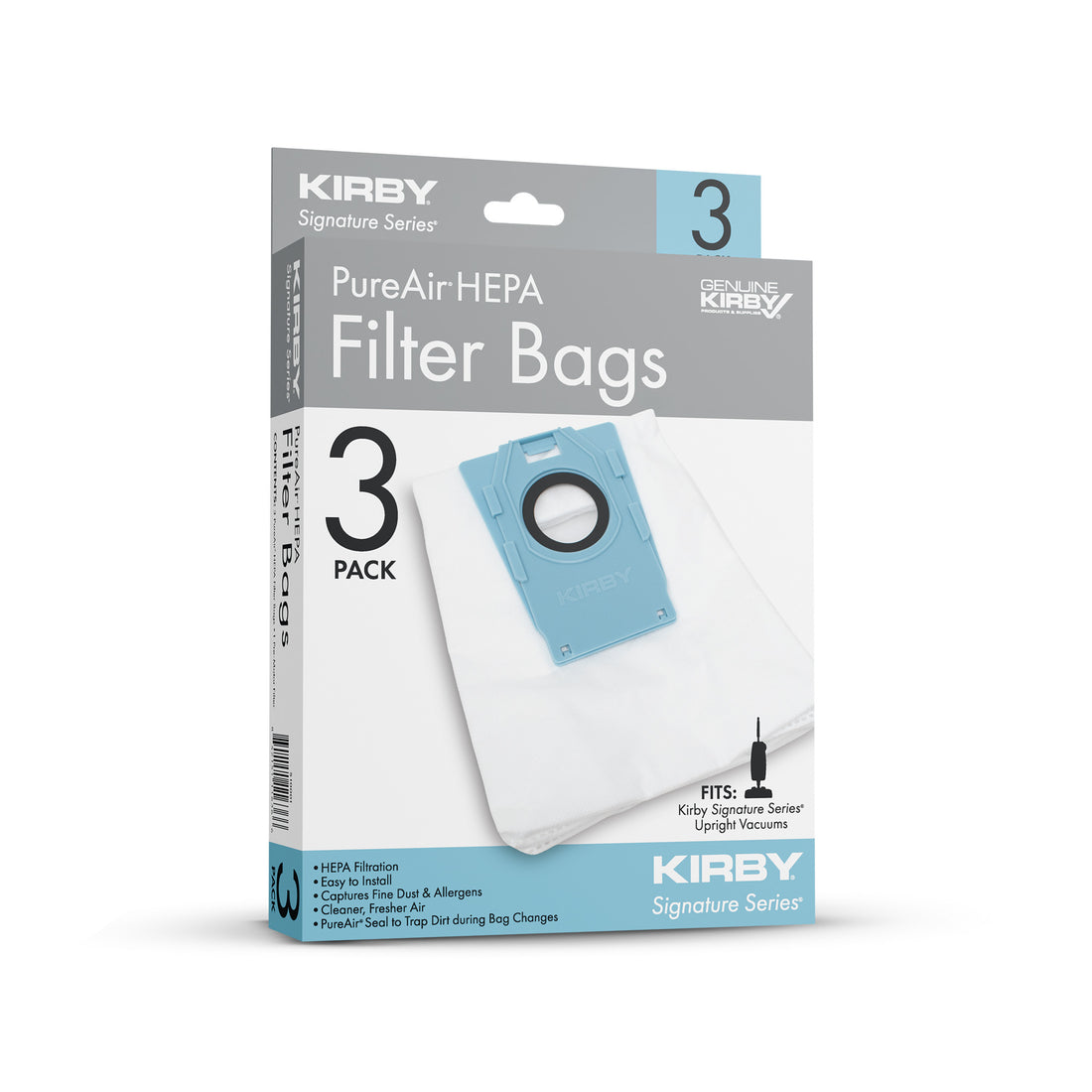 KIRBY Signature Series 3-pack of PureAir HEPA filter bags in a retail box, featuring white and light blue packaging with a graphic of the filter bag.