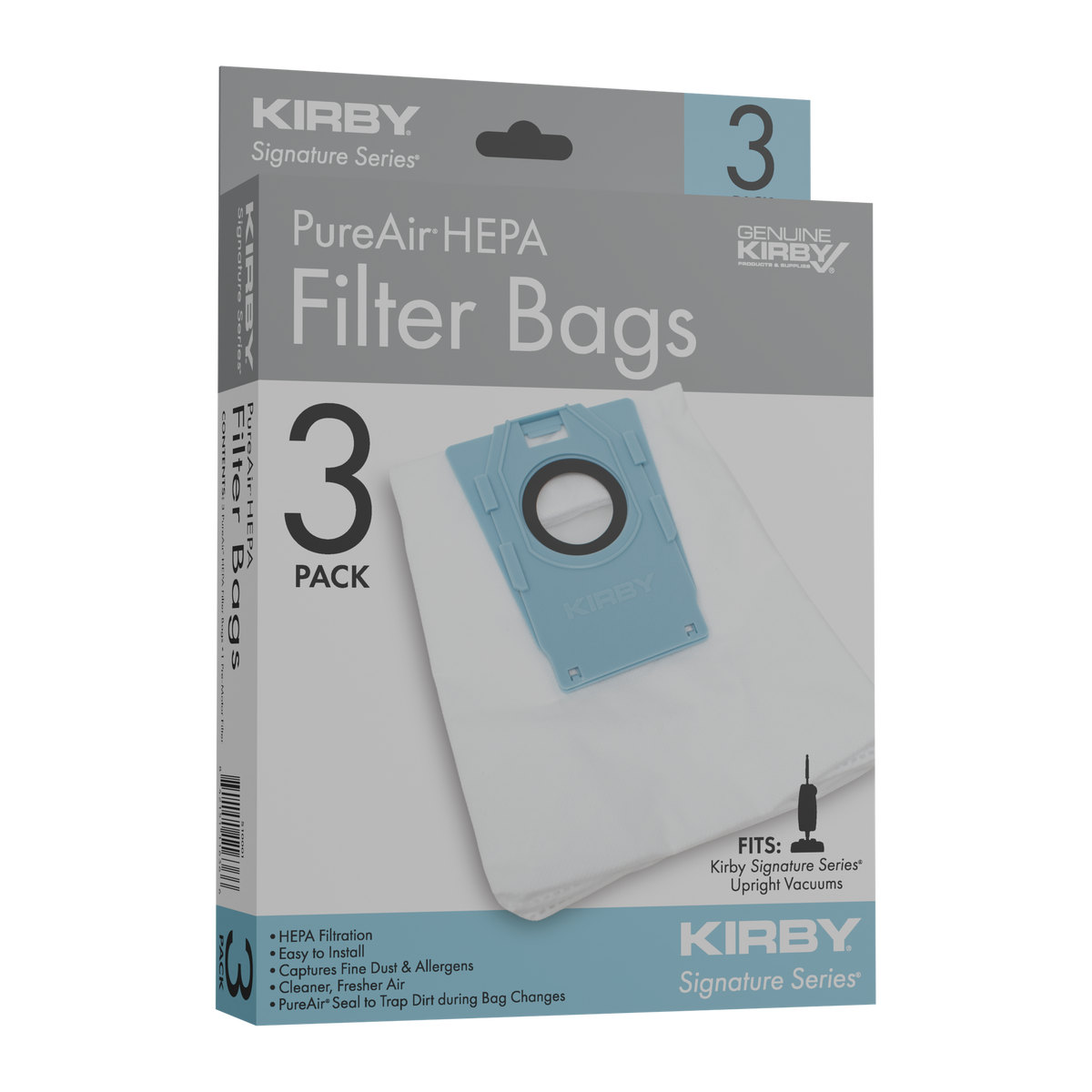 PureAir HEPA filter bags, 3-pack, for Kirby Signature Series upright vacuums.