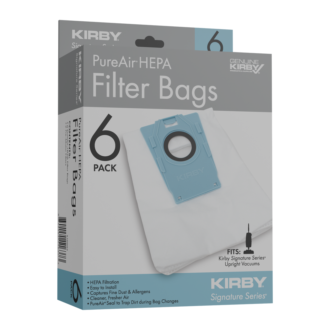 A 6-pack box of PureAir HEPA filter bags for the Kirby Signature Series V530 upright vacuum cleaner.
