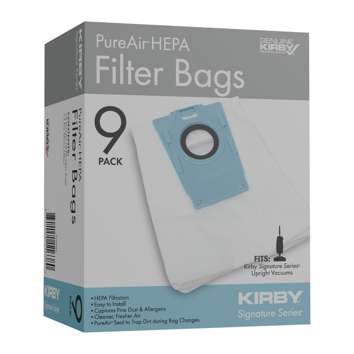 PureAir HEPA filter bags, 9-pack for Kirby Signature Series upright vacuums.