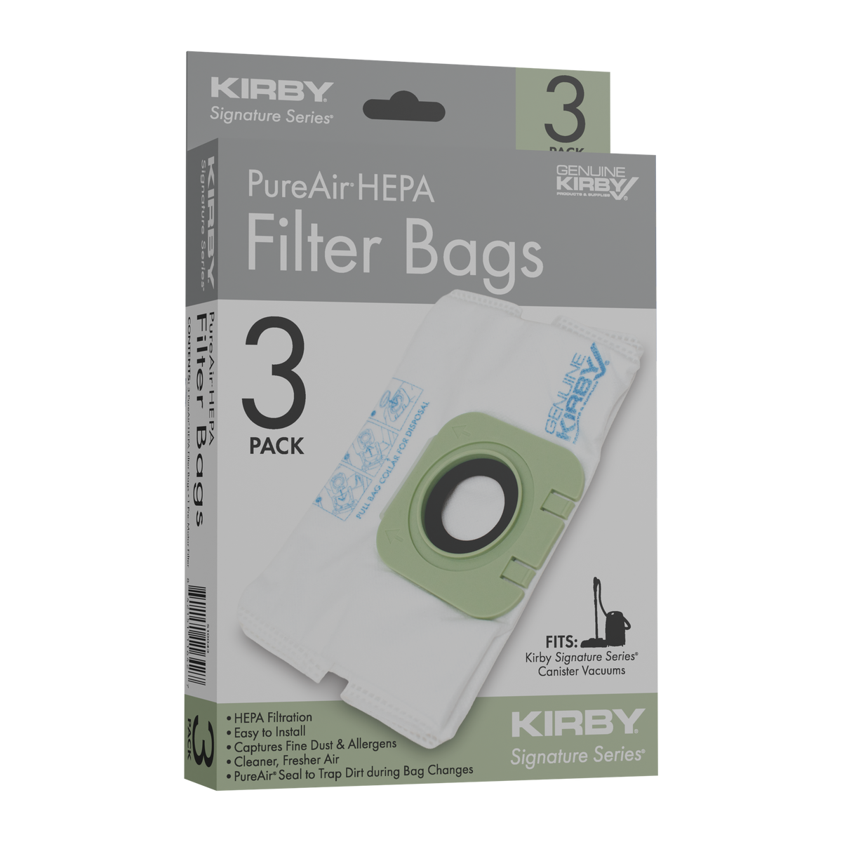 PureAir HEPA filter bags, 3-pack for Kirby Signature Series canister vacuums.