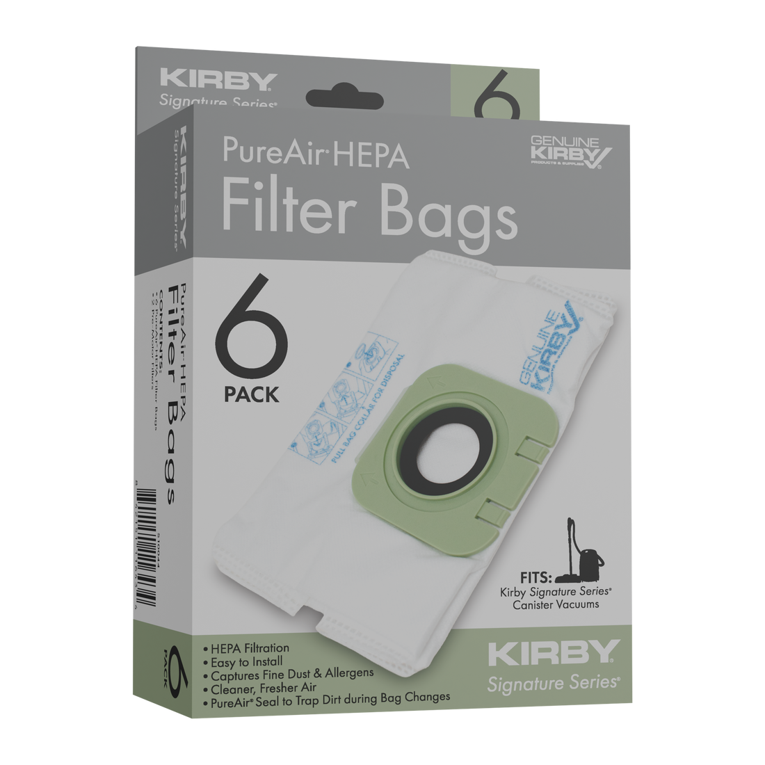 A 6-pack box of PureAir HEPA filter bags for the Kirby Signature Series C550 and C530 canister vacuum cleaners.