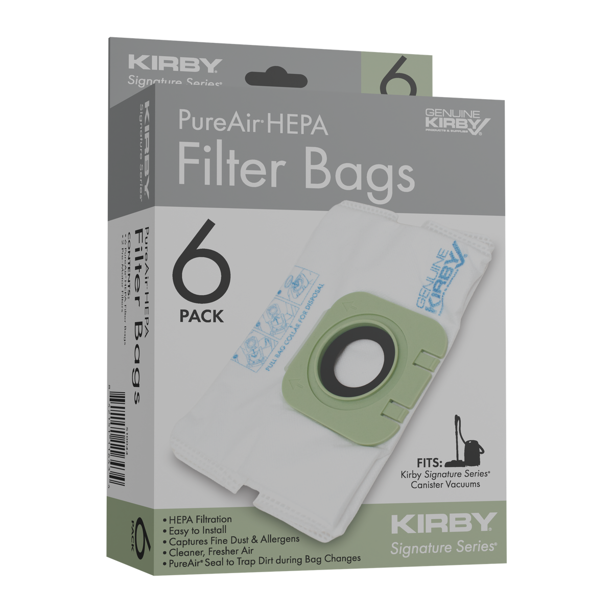 A 6-pack box of PureAir HEPA filter bags for the Kirby Signature Series C550 and C530 canister vacuum cleaners.