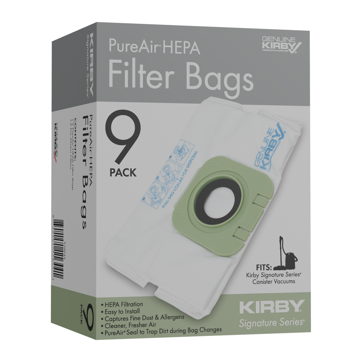 PureAir HEPA filter bags, 9-pack for Kirby Signature Series canister vacuums.