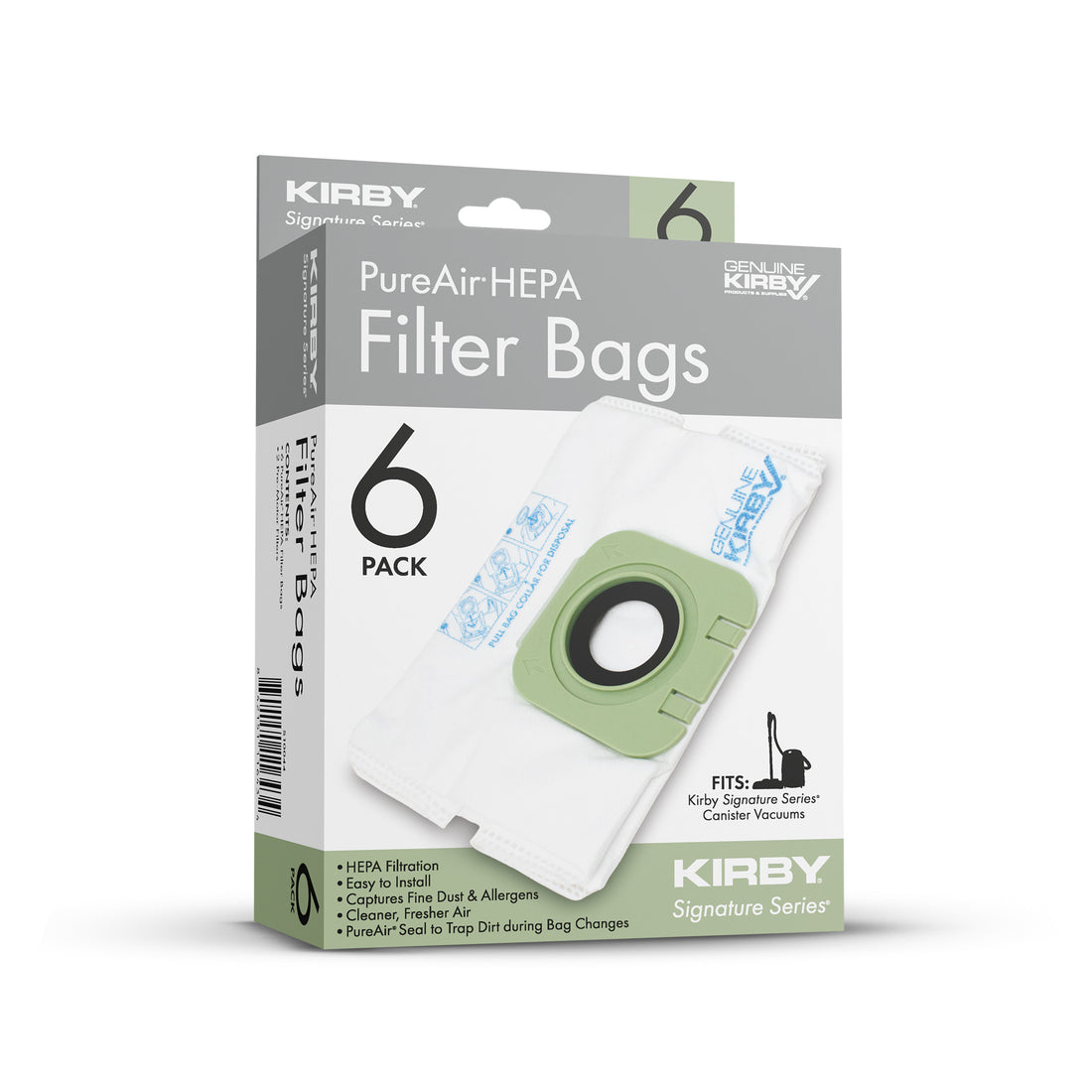 KIRBY Signature Series PureAir-HEPA Filter Bags 6-pack in retail packaging, featuring white filter bags with light green pleated centers on a clean white background.