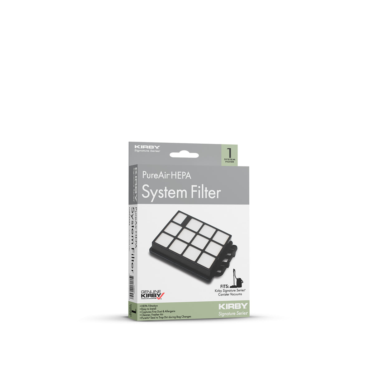 KIRBY PureAir HEPA System Filter retail packaging box, showing the black pleated filter and product details on a clean white background.