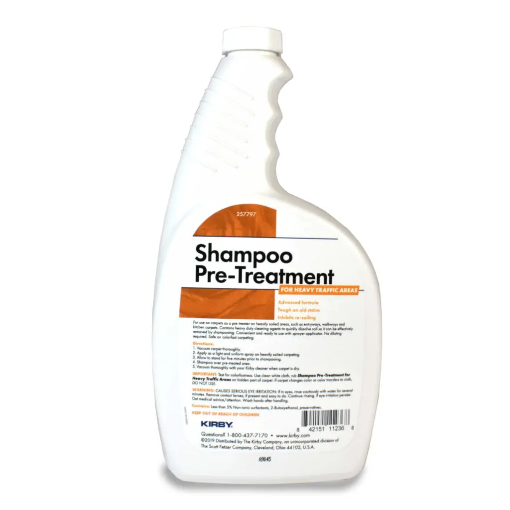 White bottle of Kirby Shampoo Pre-Treatment for heavy traffic areas, 32 oz.