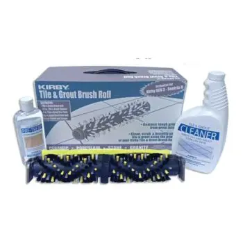 Kirby Tile & Grout Brush Roll set with black and yellow brush, two white cleaner bottles, and a gray box.