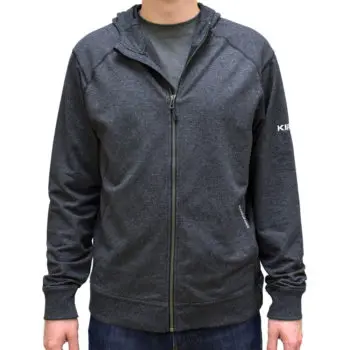 Man wearing dark gray Kirby zip-up hoodie.