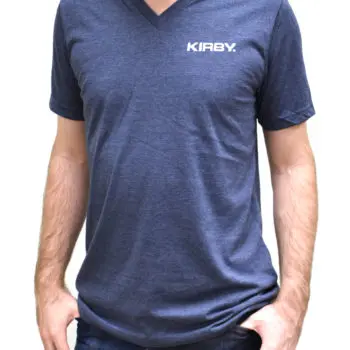 Man wearing a light blue Kirby V-neck T-shirt.