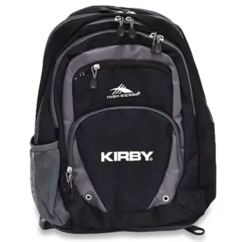 Black and gray Kirby backpack with multiple compartments and zippers.