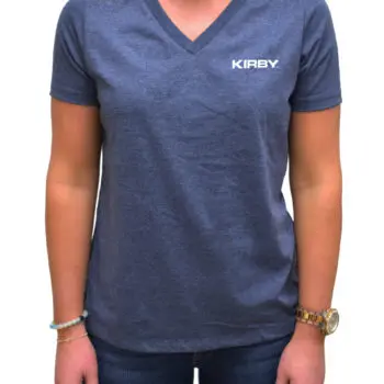 Woman wearing a light blue Kirby V-neck T-shirt.