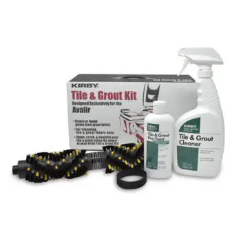 Kirby Tile & Grout Kit with cleaner spray, pre-treat bottle, brush roll, and black ring.