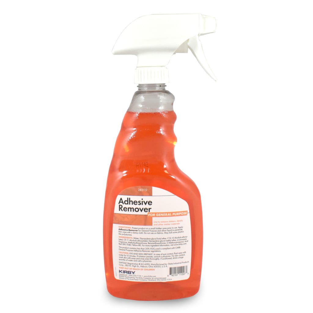 Orange Kirby Adhesive Remover spray bottle with white trigger.