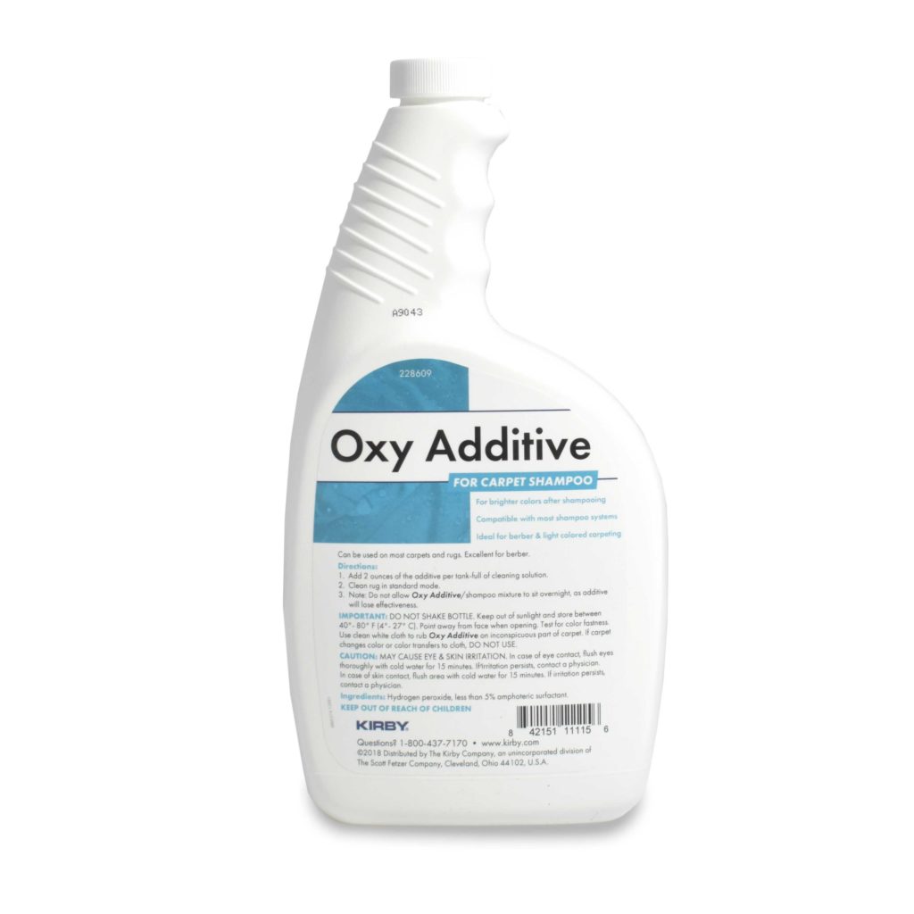 White bottle of Kirby Oxy Additive for carpet shampoo, 32 oz.