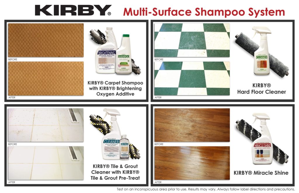 Kirby Multi-Surface Shampoo System: Before and after images of carpet, tile, and wood floors. Includes Kirby Carpet Shampoo, Hard Floor Cleaner, Tile & Grout Cleaner, and Miracle Shine products.