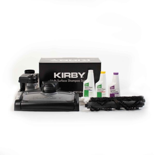 Kirby Multi-Surface Shampoo System with black components, two white bottles, and a black box.