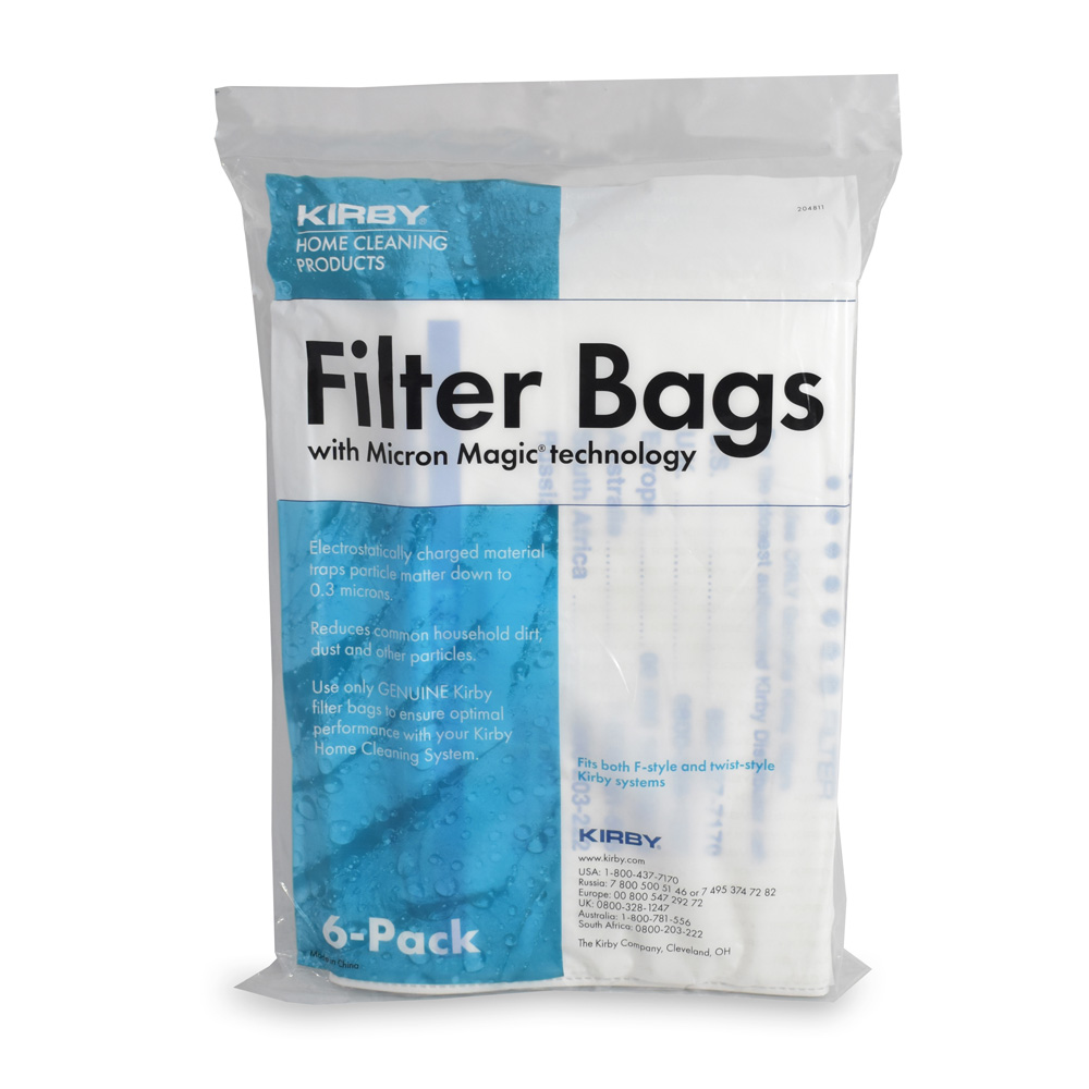 Kirby Filter Bags 6-Pack with Micron Magic technology in blue and white packaging.