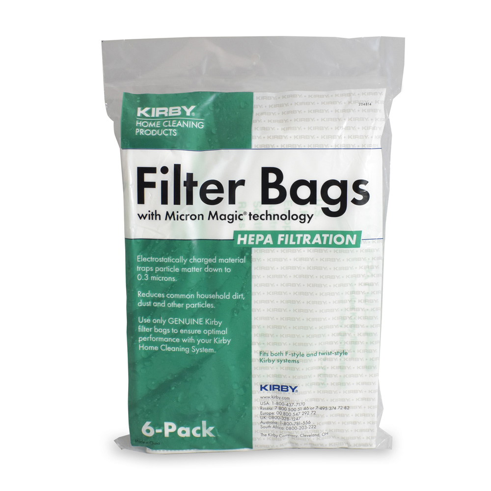 Kirby vacuum filter bags 6-pack with Micron Magic technology, HEPA filtration, in white and green packaging.