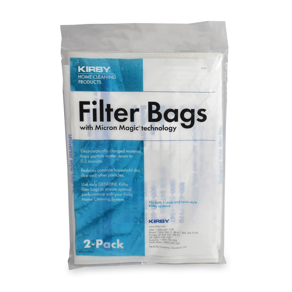 Kirby vacuum filter bags, 2-pack, white with blue text, featuring Micron Magic technology.