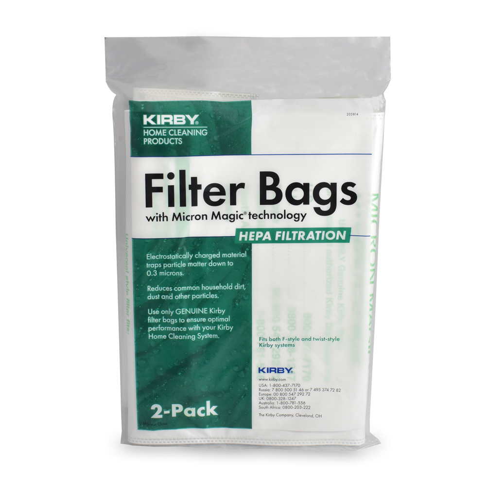 Kirby vacuum filter bags, 2-pack, white packaging with green and black text, HEPA filtration.