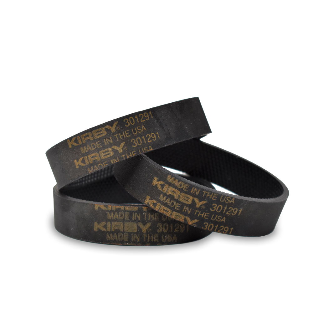 Three black Kirby vacuum belts with gold text.