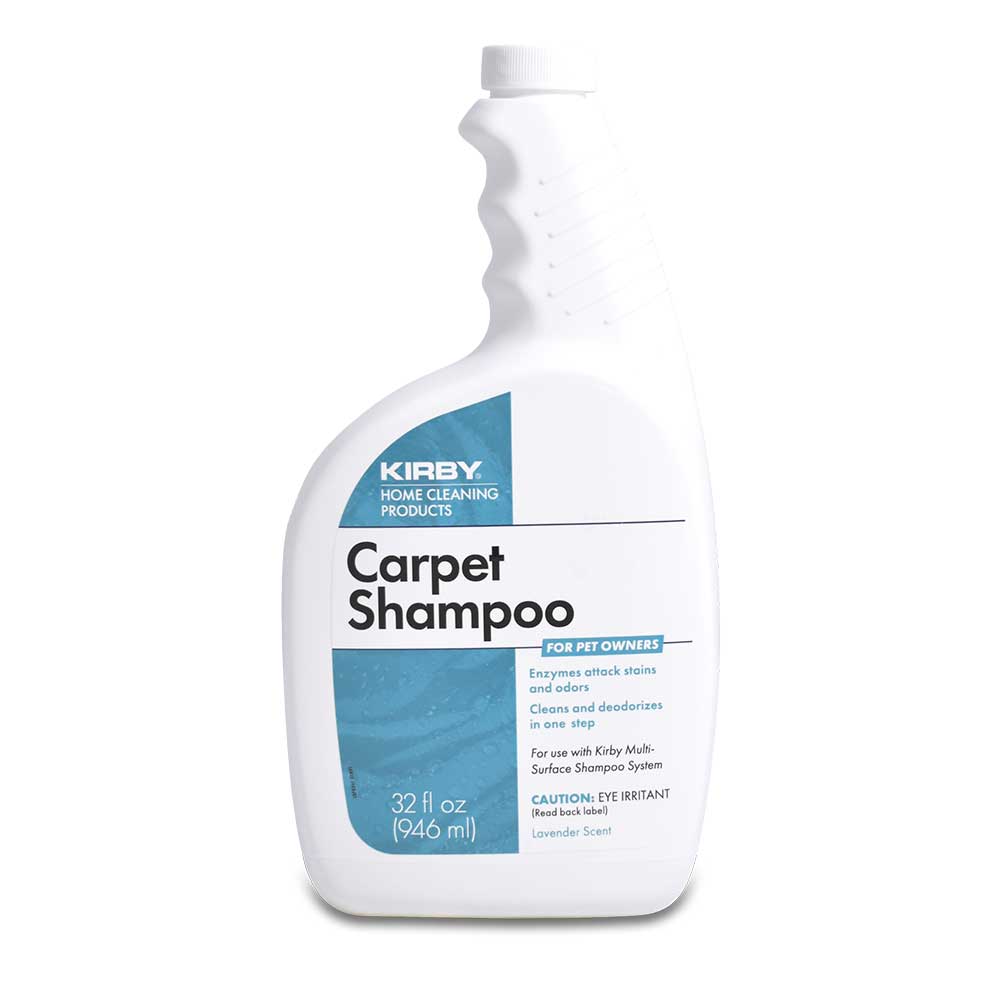 White Kirby carpet shampoo bottle, 32 fl oz (946 ml), labeled for pet owners.