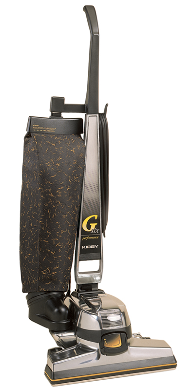 Kirby Gsix vacuum cleaner, silver and black with gold accents, upright design.