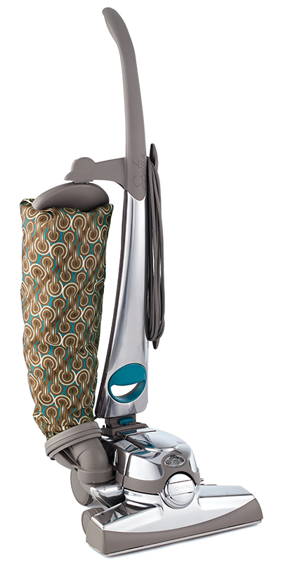 Kirby Sentra vacuum, silver body, patterned green bag, upright design.