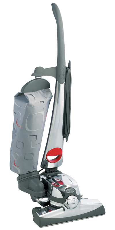 Kirby Sentria vacuum, silver and gray with red accents, upright design.