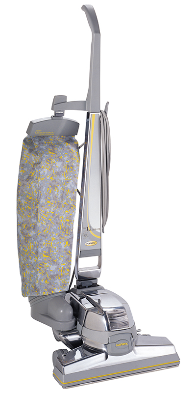 Kirby Ultimate G vacuum cleaner, silver with a patterned fabric bag.