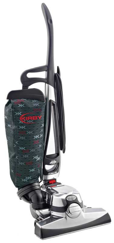 Kirby Avalir upright vacuum, silver and black with a black patterned bag.