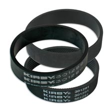 Black Kirby vacuum belts with white text.