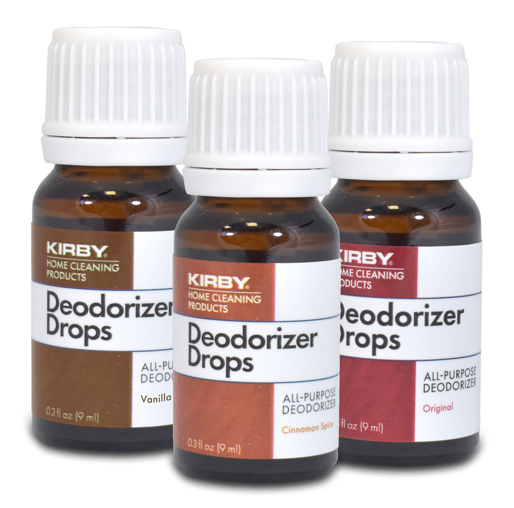 Three Kirby Deodorizer Drops bottles in brown with white caps, labeled Vanilla, Cinnamon Spice, and Original.