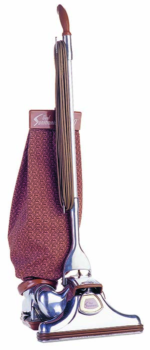 Kirby vacuum cleaner, silver body, maroon bag, wooden handle.