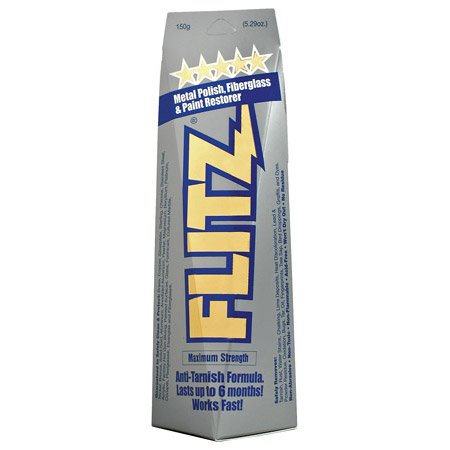 Flitz Metal Polish, Fiberglass & Paint Restorer, 150g, silver packaging with blue and yellow text.