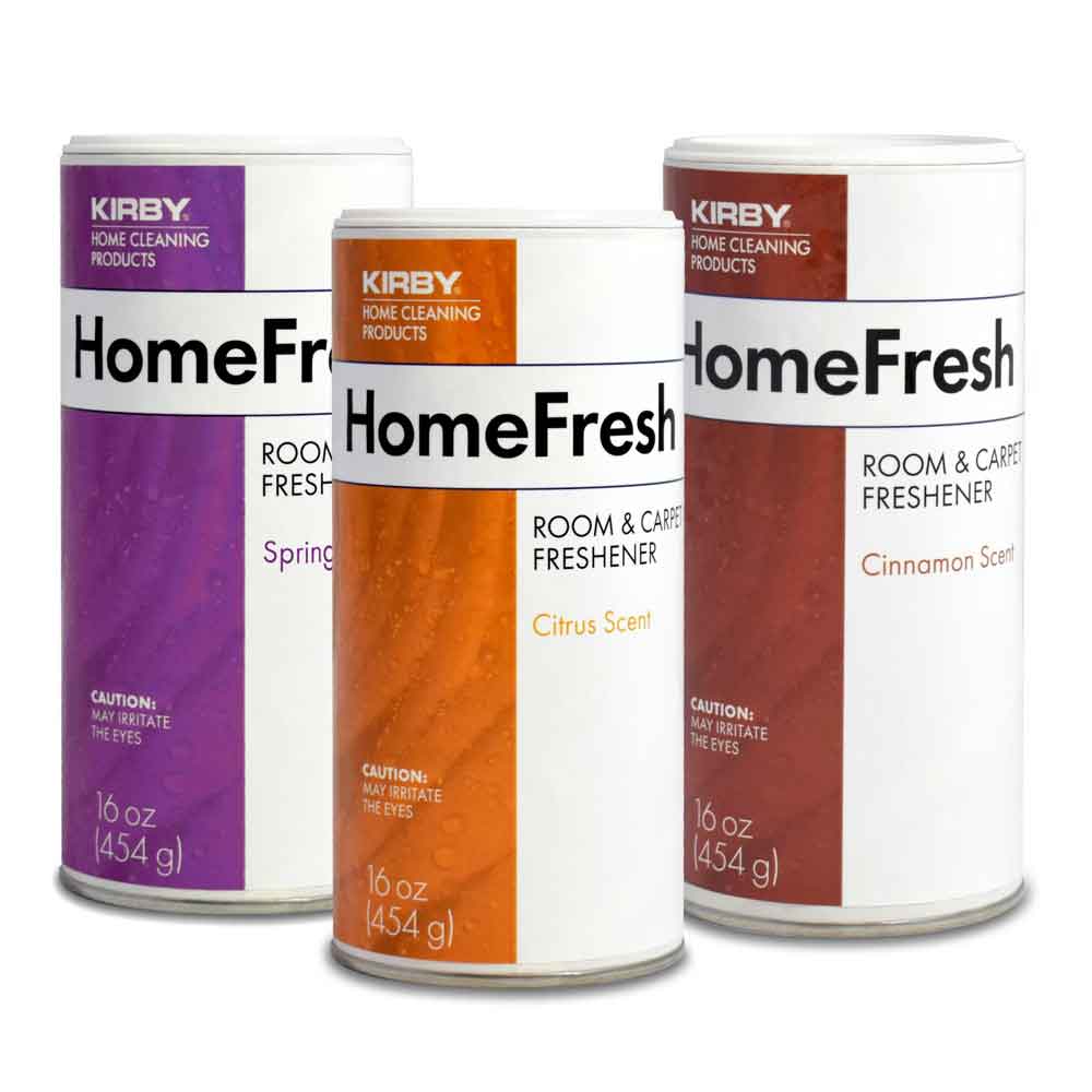 Three Kirby HomeFresh room and carpet fresheners: Spring (purple), Citrus (orange), and Cinnamon (red). 16 oz (454 g) each.