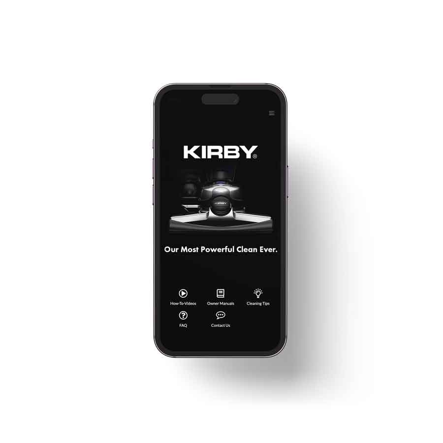 Smartphone displaying Kirby vacuum app with a black background and white text.