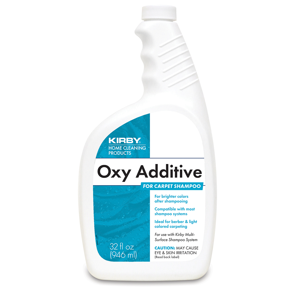 White bottle of Kirby Oxy Additive for carpet shampoo, 32 fl oz (946 ml).