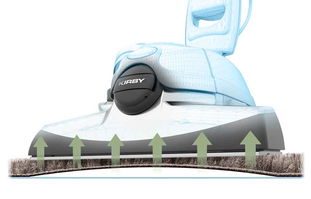 Kirby vacuum in light blue and white, demonstrating powerful suction with green arrows.