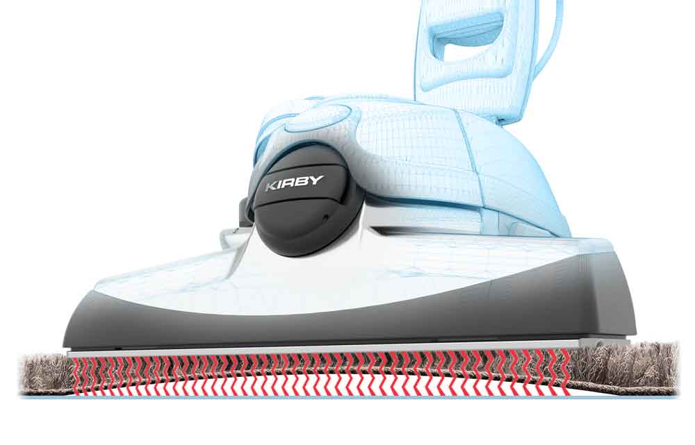 Kirby vacuum cleaner head with a white and gray design, showing vibration technology in red.