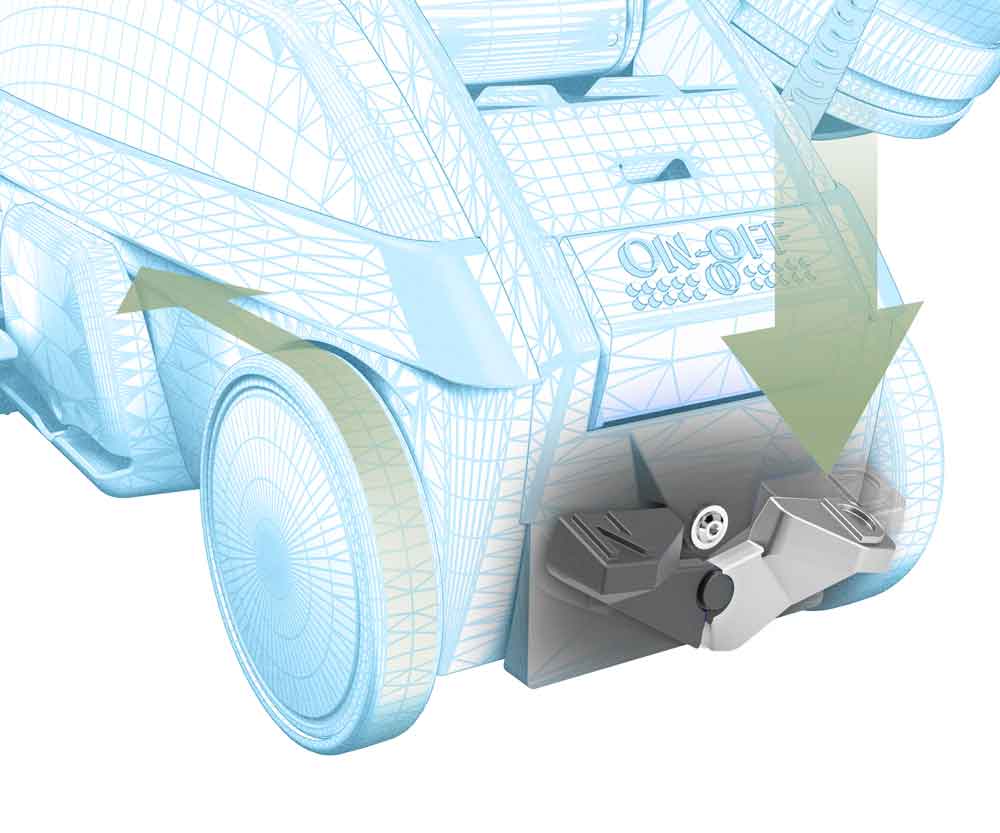 Kirby vacuum component with blue wireframe design and green arrows pointing to a silver tech-drive button.